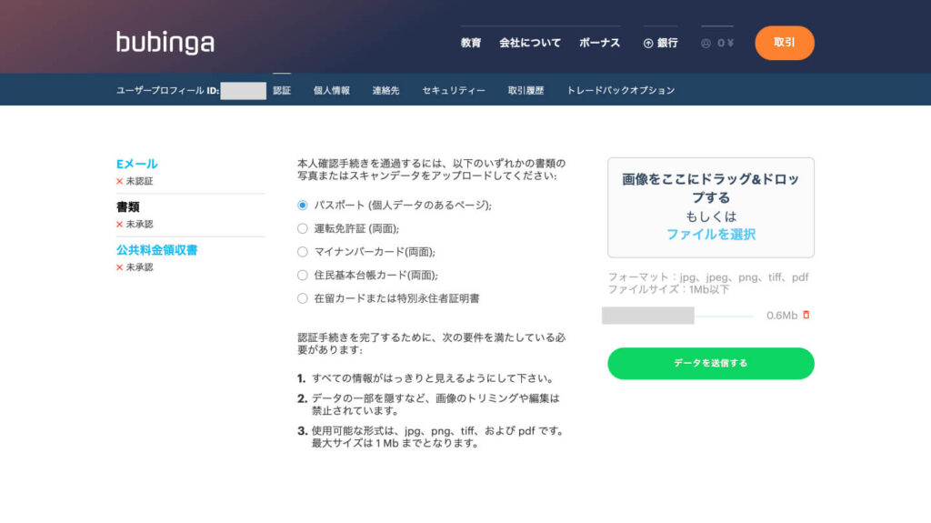 bubinga本人確認書類提出画面